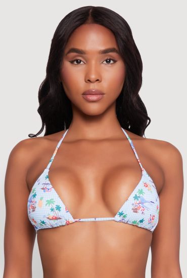 Tropical Gingham Print Triangle Bikini Top