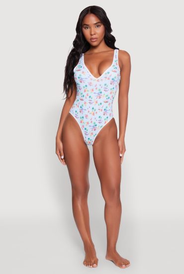 Tropical Gingham Print One Piece Swimsuit